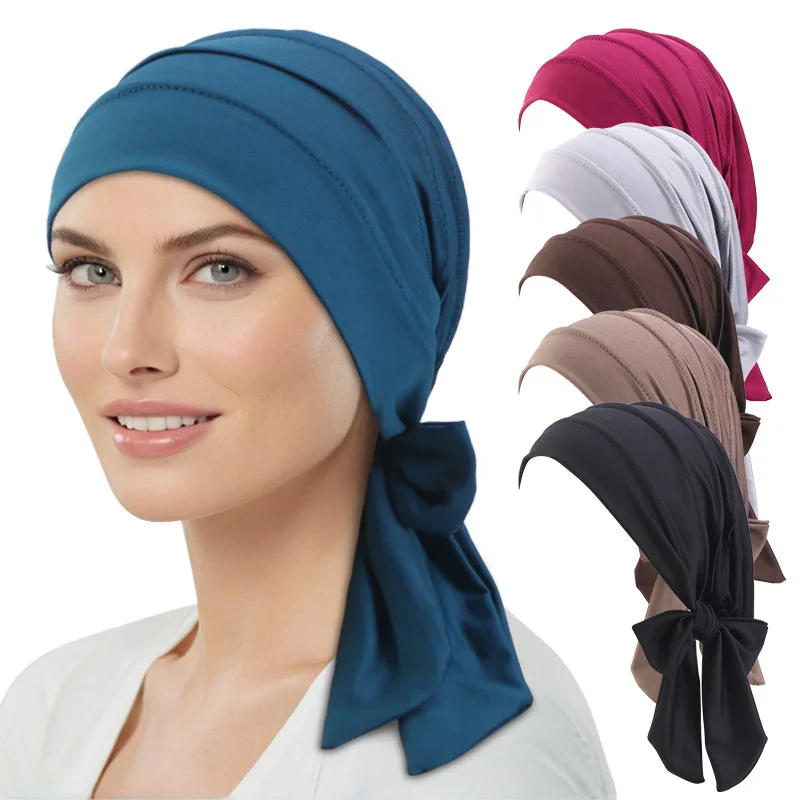 NEW Solid Color Long Tail Headscarf Hat Women Chemo Hat Breathable Base Cap Muslim Headscarf Hat Cap Bandana Turbante Mujer