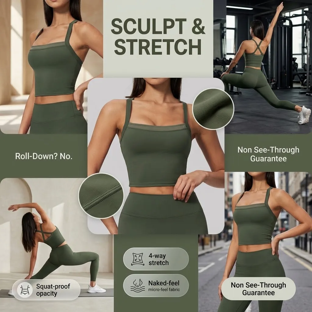 Buttery-Soft Sculpting Yoga Tank Top | Luxe Built-In Bra Crop Camisole | Square Neck Premium Gym Workout