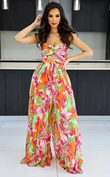 Clothing 2023 New Retro Print Flower Strapless Bowkot Pleated Wide Leg Straight Jumpsuit Holiday Beach Playsuit Suit Romper