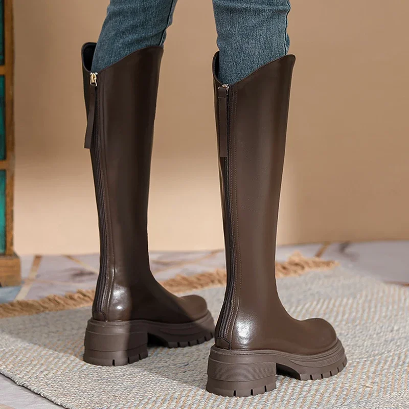 Vintage Winter Women Knee High Boots Fashion Zippers Knight Long Booties Square Heels Shoes Largas De Mujer