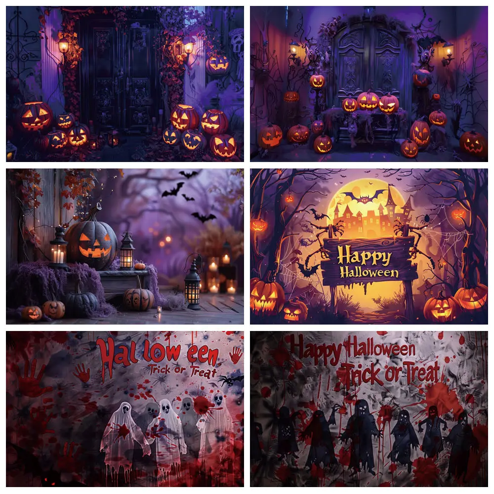 

Happy Halloween Party Backdrop Blue Spooky Castle Pumpkin Lantern Cemetery Full Moon Photography Background Banner Decorations