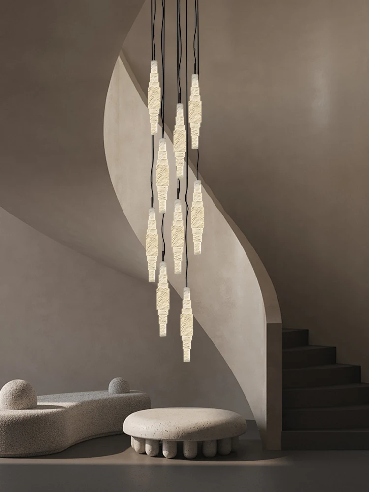 2026 Trendy Luxury Veined Marble Dimmable Led Chandelier Hand-carved Natural Alabaster Pendant Light For Staricare Living Room