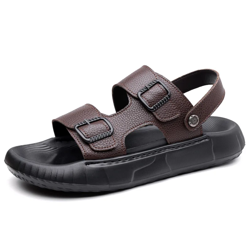 

2025 повседневная пляжная обувь для мужчин, новые дизайнерские кожаные сандалии с пряжкой, мужские однотонные модные тапочки на платформе, мужская обувь