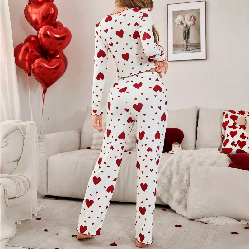 Women's Heart Print Bow Pajama Set - usage example