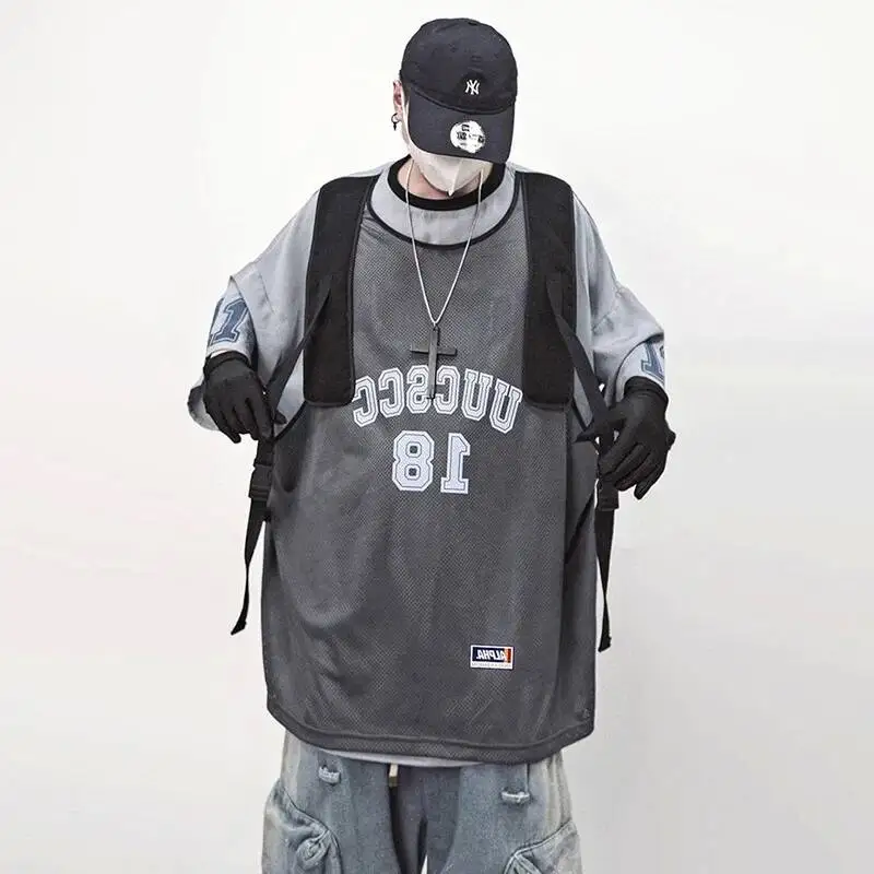 LUZHEN Sleeve Fashion Fake Two Piece Design T-shirts Short Men Original Baggy Gauze Tank Tops Splicing Casual Street Wear JY7537