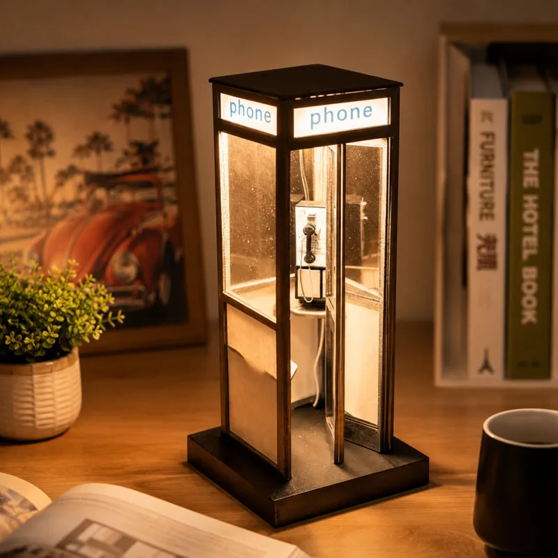 Illuminated Table Lamp Retro Vintage Phone Booth Night Light Tall Home Bedroom Office Living Room Red Ornament Gift Decor