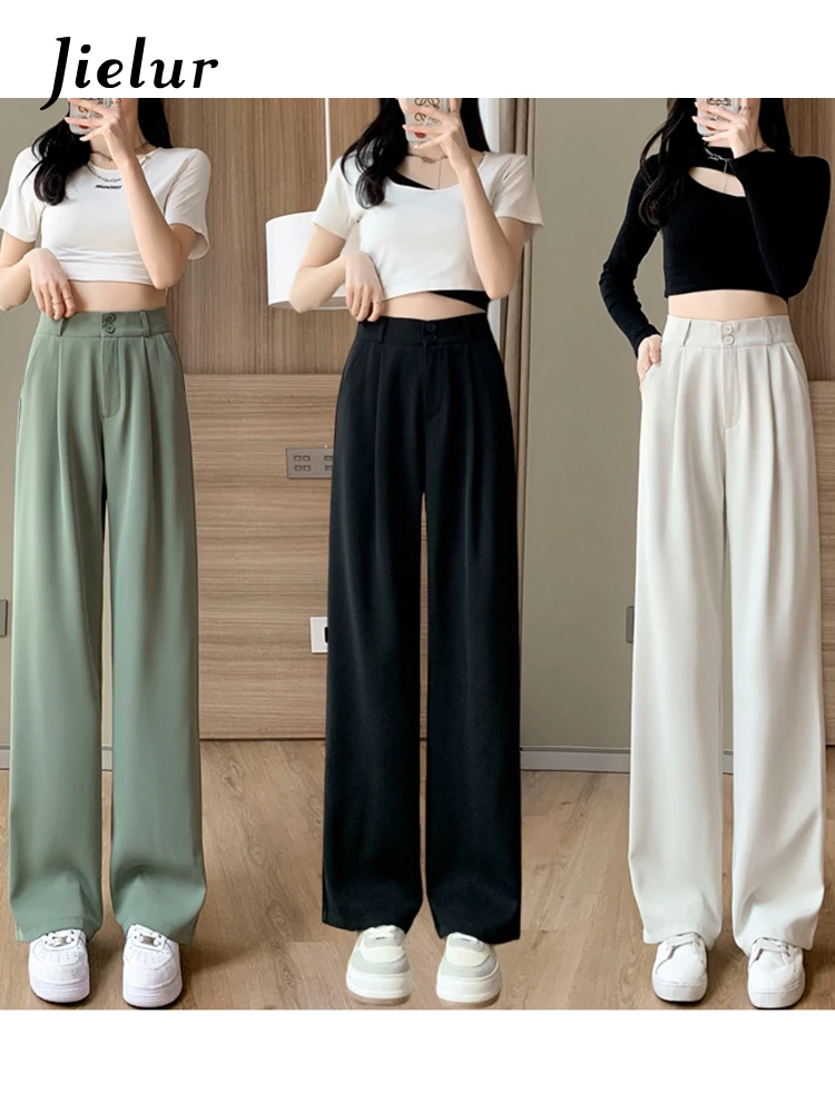 Jielur Summer Loose Ice Silk Suit Pants Fashion High Waist Wide Leg Pants Simple Black Casual Women Trousers Korean New S-XXL