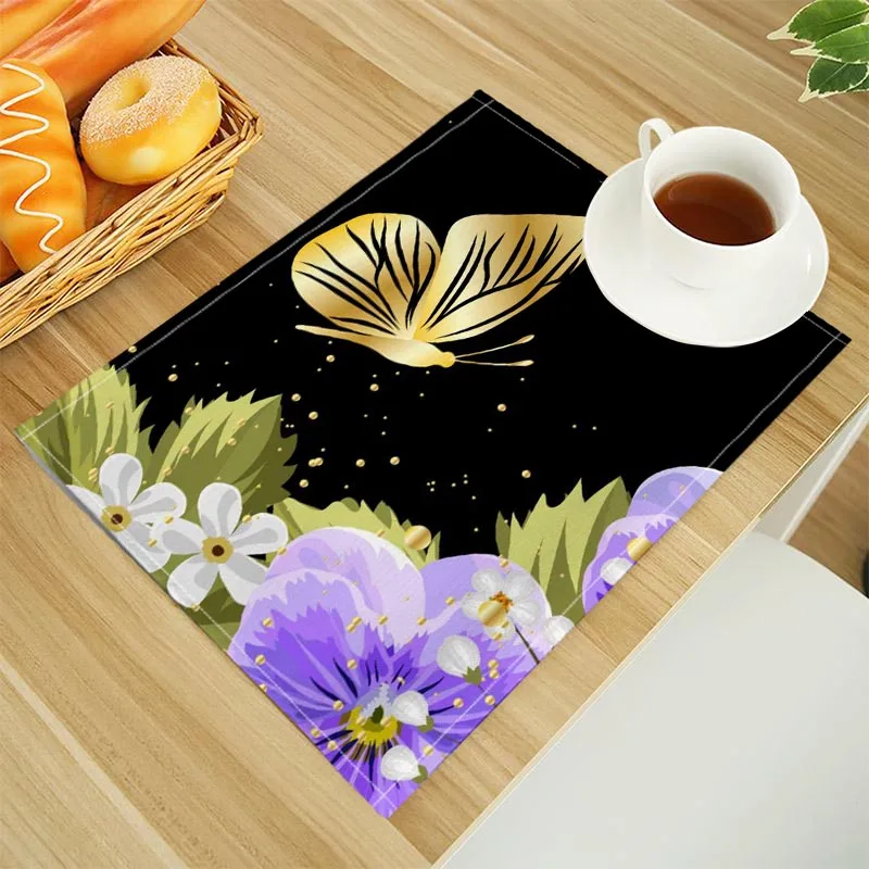 Purple Pansy Print Linen Dining Table Mats Alphabet Kitchen Placemat 32X45cm Coasters Pads Bowl Cup Mat