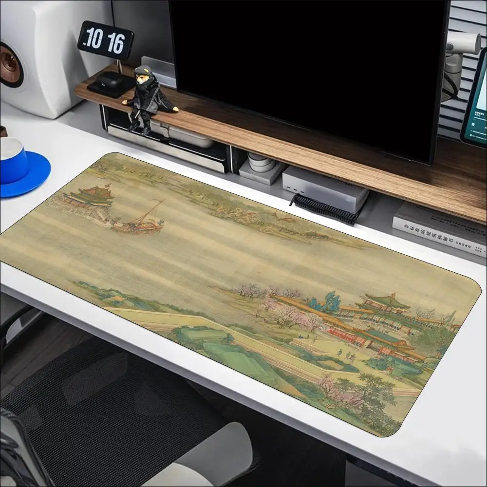 Chinese Landscape Ink Painting Mouse Pad Large Blue Green Scenery Desk Mat Non-Slip Rubber Mousepad Stitched Chinese Art