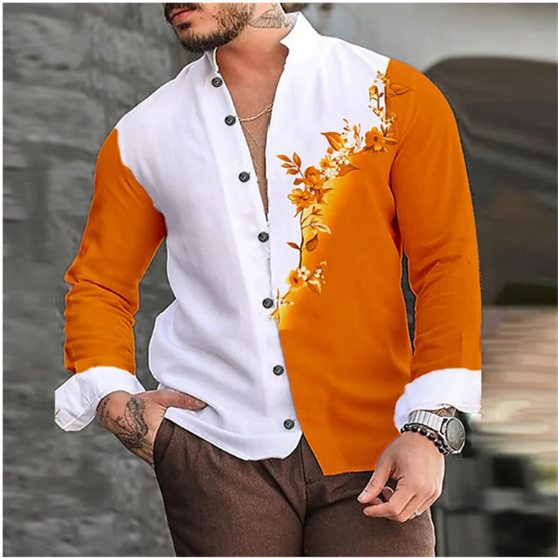 Men's shirts fashionable casual buttons floral color matching HD pattern street party men's tops 2024 new T-shirt European size