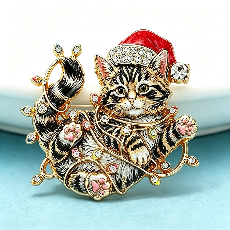 Wuli&baby Niedliche Weihnachts-Katzenbroschen für Frauen Unisex 2-farbige Strass-Broschen mit bunten Lichtern Kätzchen Neujahrsparty-Broschen – Detail 6