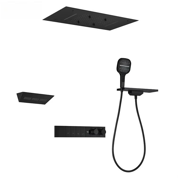 نظام صنبور دش كروم نحاسي مصقول، رأس دش يدوي عالي الضغط، رشاش مطري ناعم للتدليك، طقم متكامل للحمام