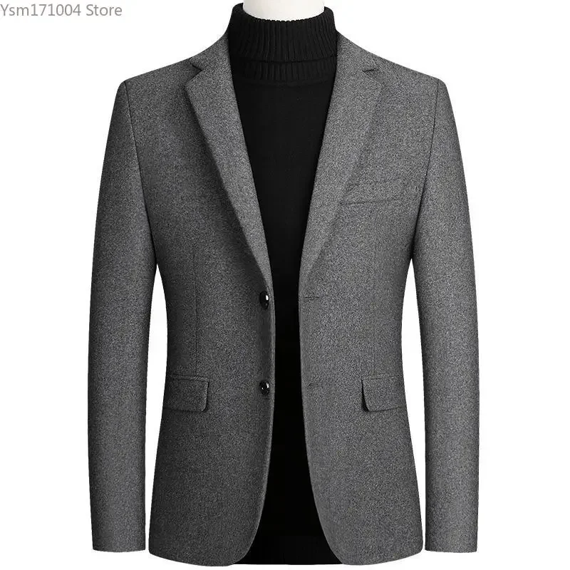 Winter Mens Wool Coat Single Breasted Solid Color Lapel Slim Fitting Blazer Jacket Business Casual Men Suit Jackets Men Clothing