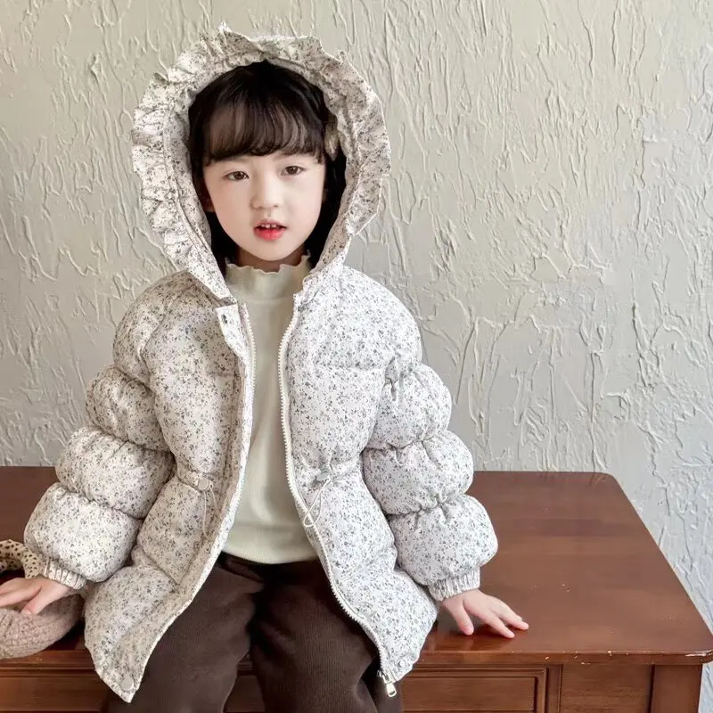 New Winter Warm Thickened Cotton Coat Korean Style Floral Plush Hooded Jacket,  for Baby Toddler Girls, Cute Winter Outerwear