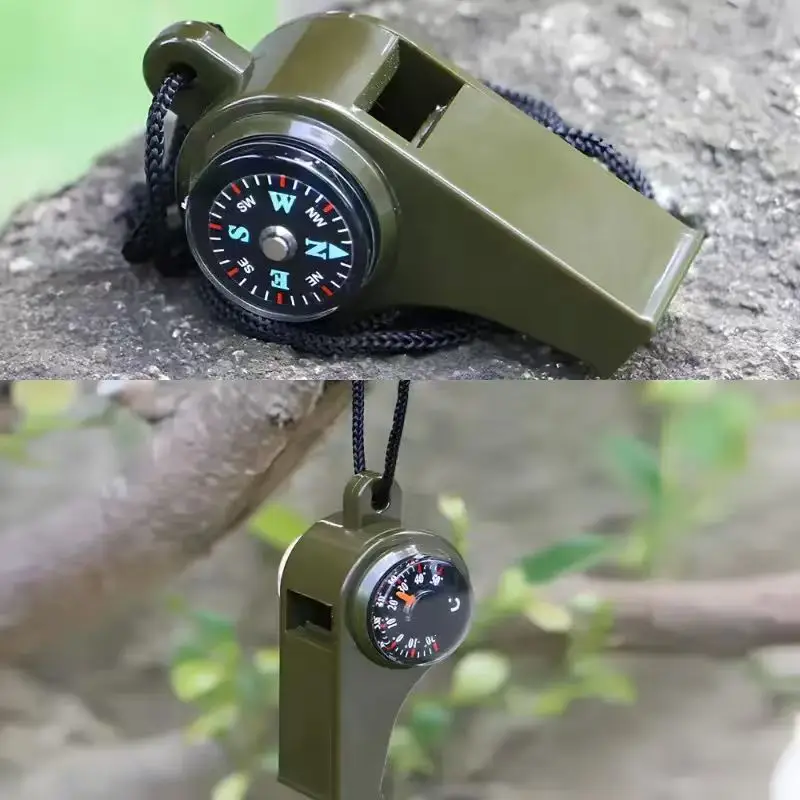 1pc Multi‑function Survival Whistle with Compass Thermometer Lanyard Carabiner Outdoor Emergency Camping Hiking Safety Tool