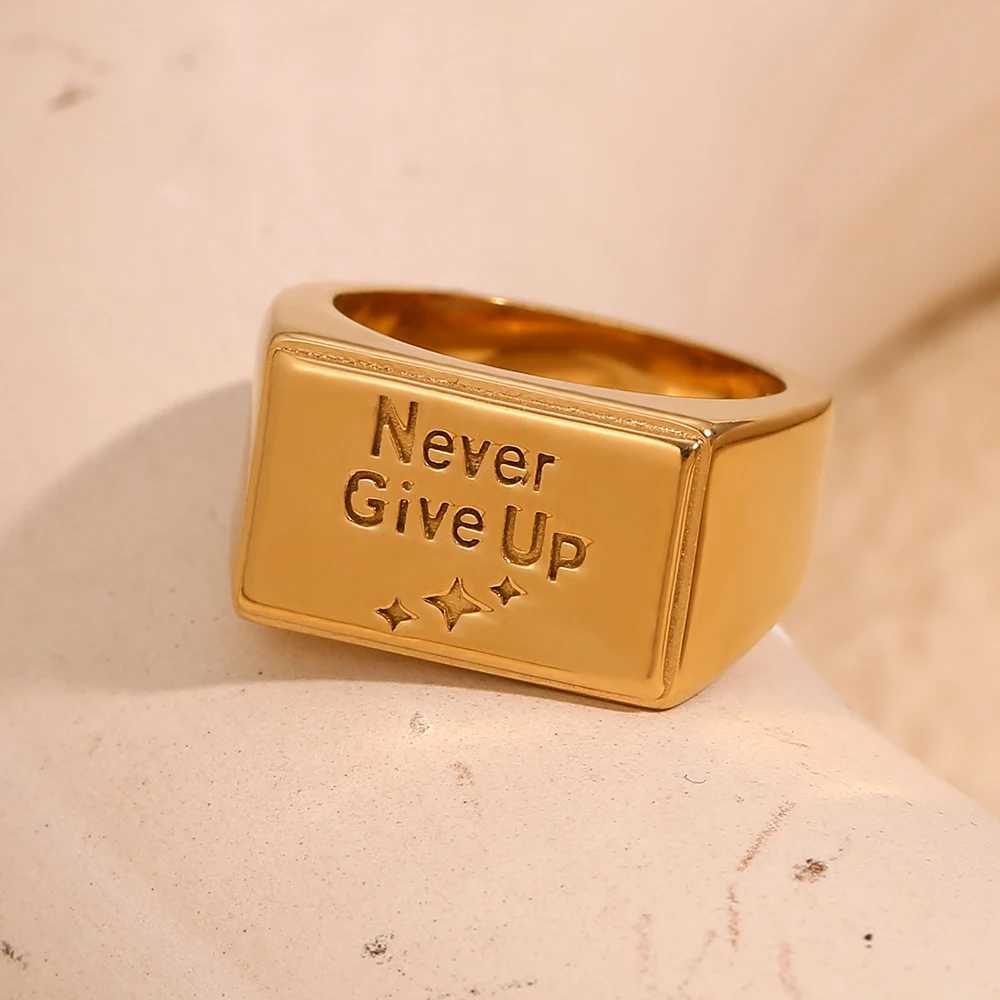 E.B.belle Meaningful Motivated English Sentence Never Give Up Rectangle Rings stainless steel jewelry woman Finger Decoration