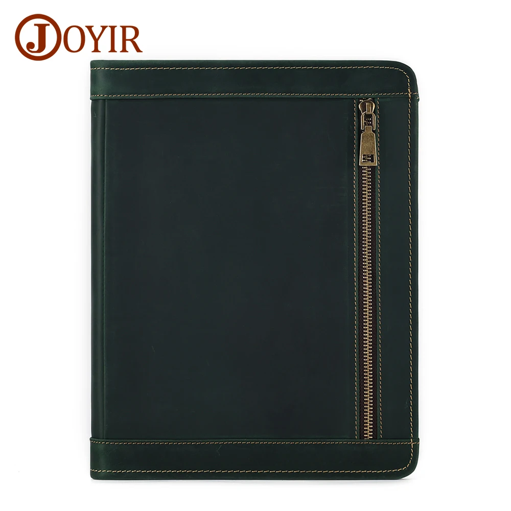 JOYIR Portfolio Genuine Cowhide Leather Zippered File Folder Business Case Organizer Bag for IPad A6 Notebook Card Holder