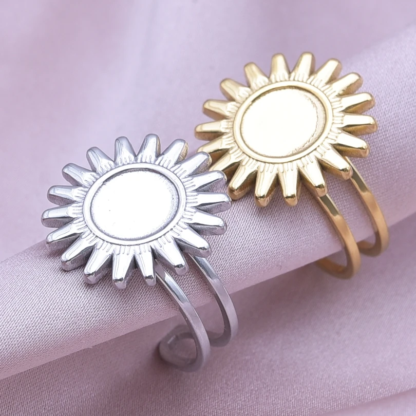 1/2pcs Mix Silver/Gold Color Oval Flower Sun Ring Stainless Steel Rings For Women Men Accessories Round Blank Cobochons Settings