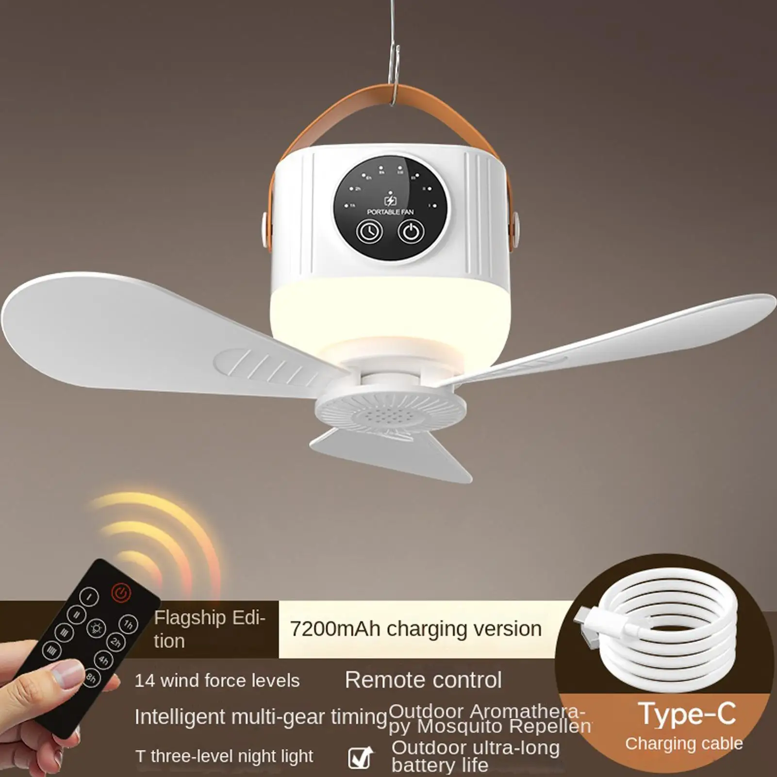 Ventilador Colgante Recargable de 7200mAh, 4 Velocidades Ajustables, 3 Niveles de Luz, Ventilador de Techo USB Portátil para Tiendas de Campaña, Camping y Viajes