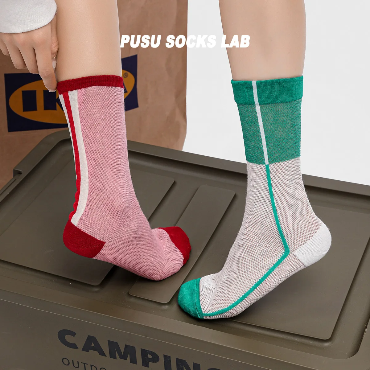 Summer Cool and Breathable Thin Glass Fiber Colored Mid tube Socks Simple Contrast Color Card Silk Small Vertical Striped Women'