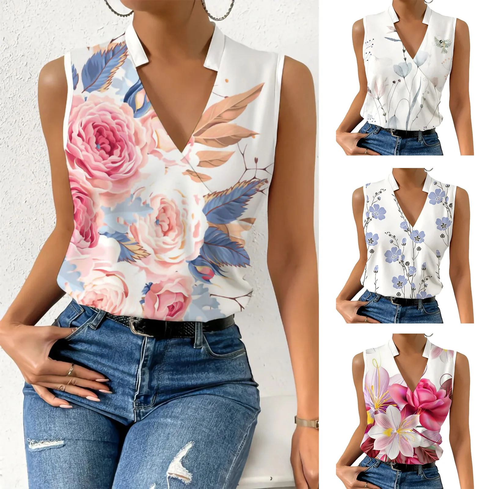 Attractive Lady Shirt Elegant Sleeveless Washable Summer Flower Print T-Shirt Lady Blouse  Women Blouse Dress-up