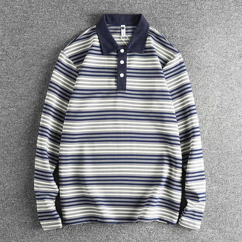 2024 Spring Autumn New American Retro Long Sleeve Lapel Knitted Striped Polo Shirt Men's British Fashion Loose Casual T-shirt