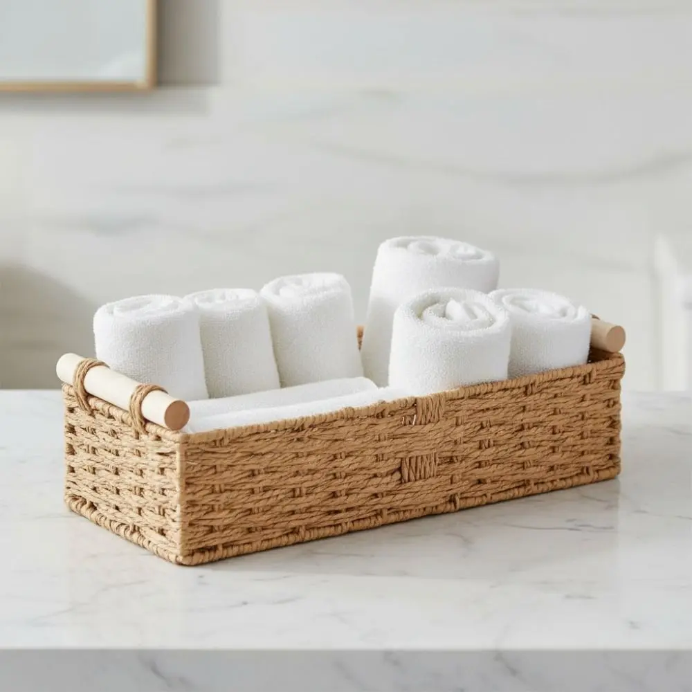 Retro Braided Toilet Paper Basket Handwoven Wood Handle Sundry Storage Basket Rectangular Ventilated Cabinet Organizer Kitchen