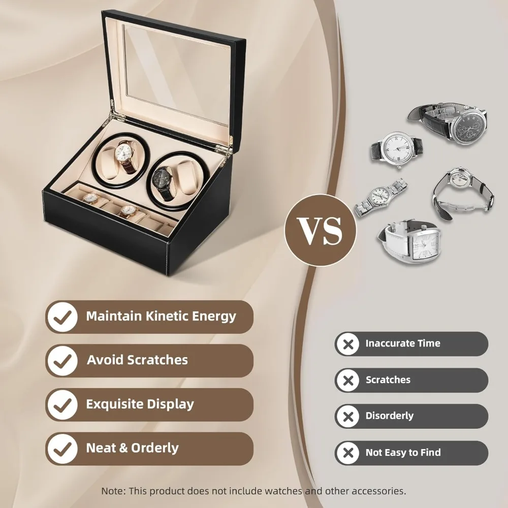 Watch Winder Box with Silent Bidirectional Motor, 4 Rotating +6 Storage Compartments, 10dB Quiet Automatic Watch Winder