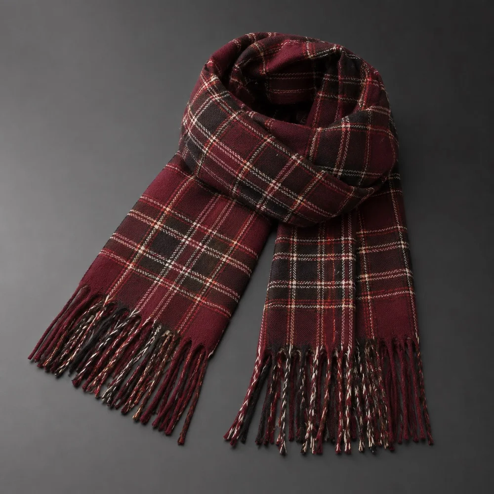 Burgundy Plaid Winter Scarf Women Soft Warm Long Neck Wrap Cold Weather Travel Outdoor Daily Outfit Seasonal Fashion Accessory