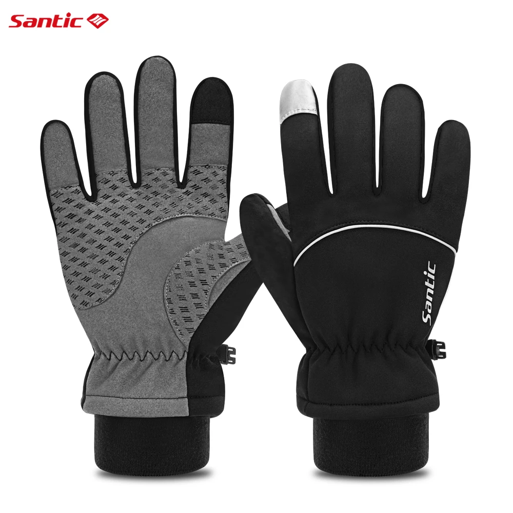 Santic Men Winter Warm Gloves Windproof Touch Screen Bike Gloves Non-slip Silicone Palm Outdoor Running Thermal Gloves K3P151