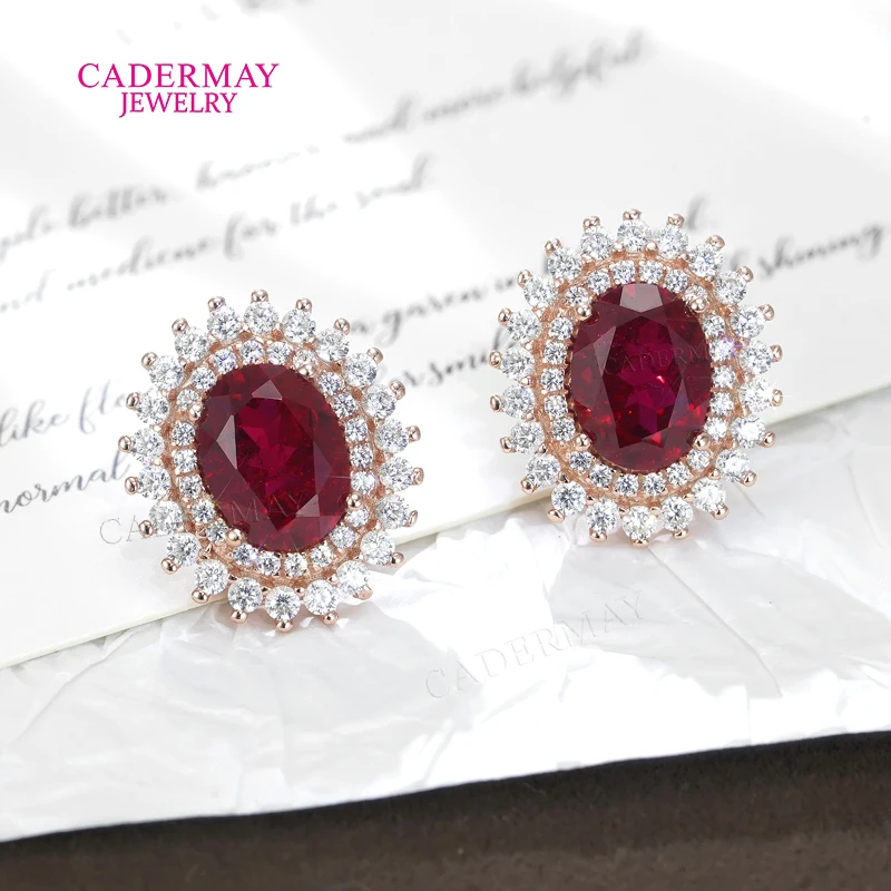 High Quality Halo Moissanite Lab Ruby Earrings 925 Silver Pigeon Blood Red 6x8mm Oval Shape Ruby Earrings Women Men Gift Party