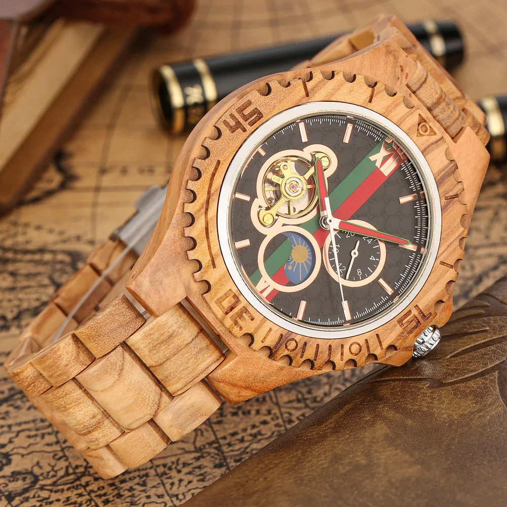 Full Wooden Men\'s Automatic Mechanical Watches Luxury Stylish Wood Bracelet Male Wristwatches Self Winding Timepiece Man Clock