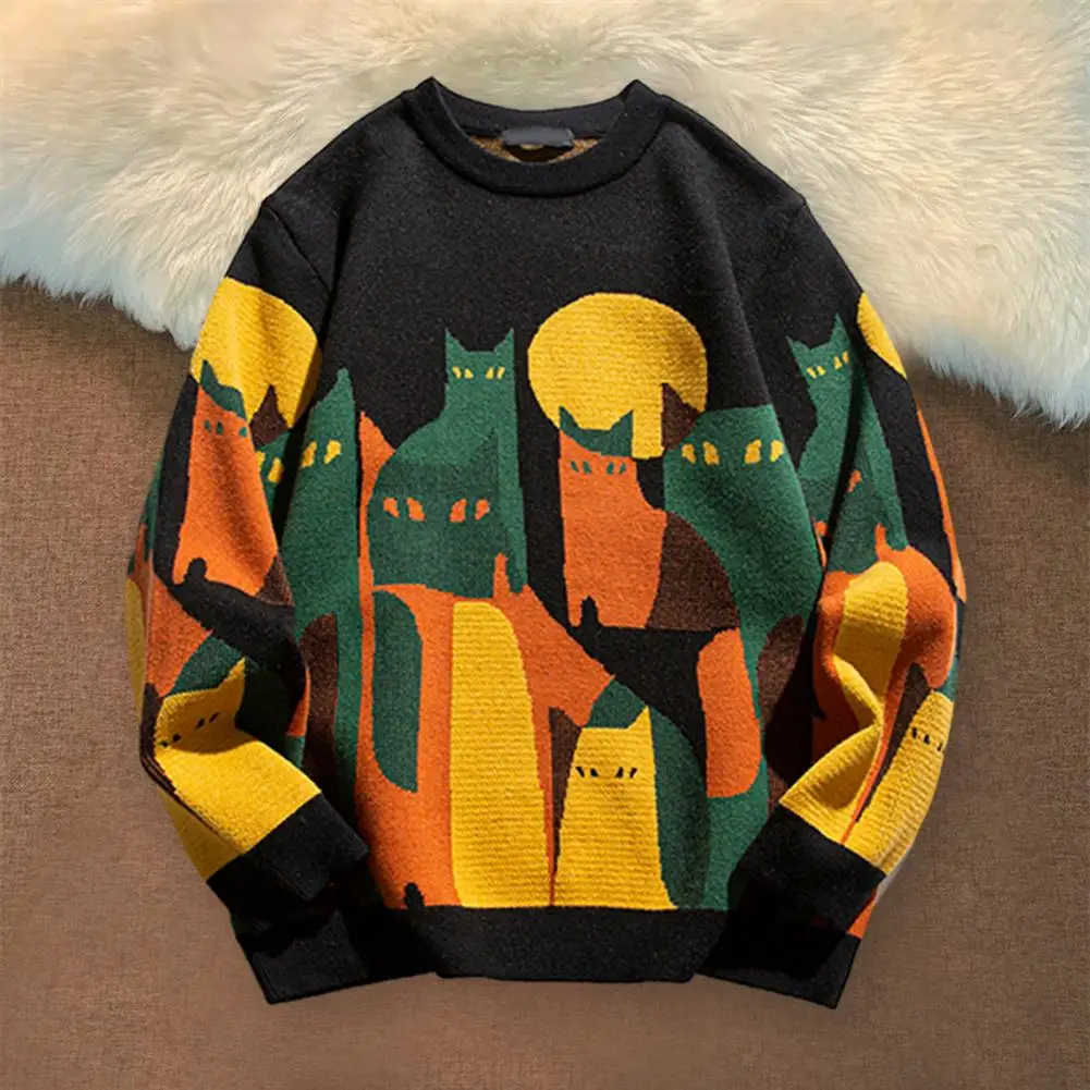 Men Winter Fall Sweater Round Neck Cat Print Thick Knitted Sweater Soft Warm Long Sleeve Pullover Unisex Couple Sweater