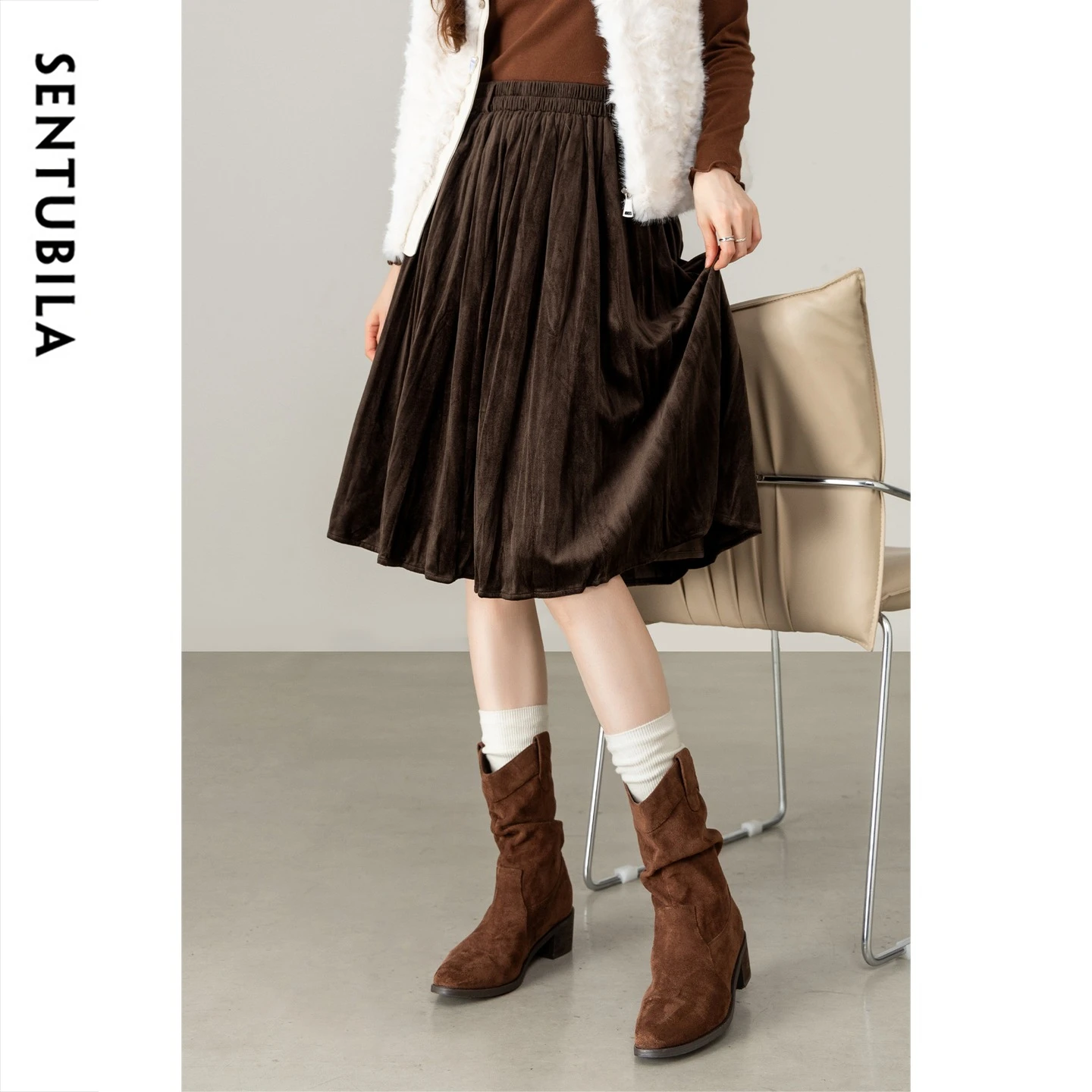 SENTUBILA Women Autumn Winter Skirt Coffee A Line Pleated Velvet Elastic Waist 2026 Elegant Vintage Knee Length Skirt W64QB9067