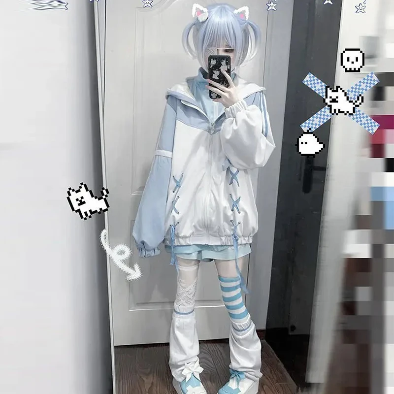Mädchen- und Damenmode: Japanischer Subkultur-Hoodie in Blau-Weiß, Herbst- und Winter-Sweatshirts mit Reißverschluss, Y2K-Kleidung