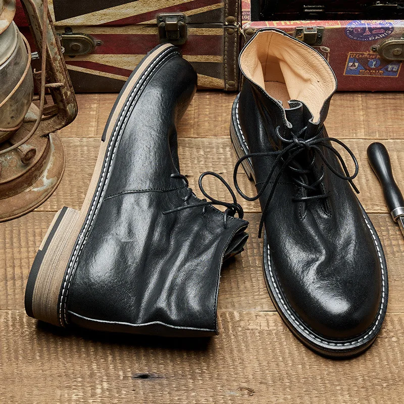 

Retro Soft Leather Mens Ankle Business Boots Luxury Handmade Genuine Leather Designer Fashion Elegant Man Chelsea Social Shoes