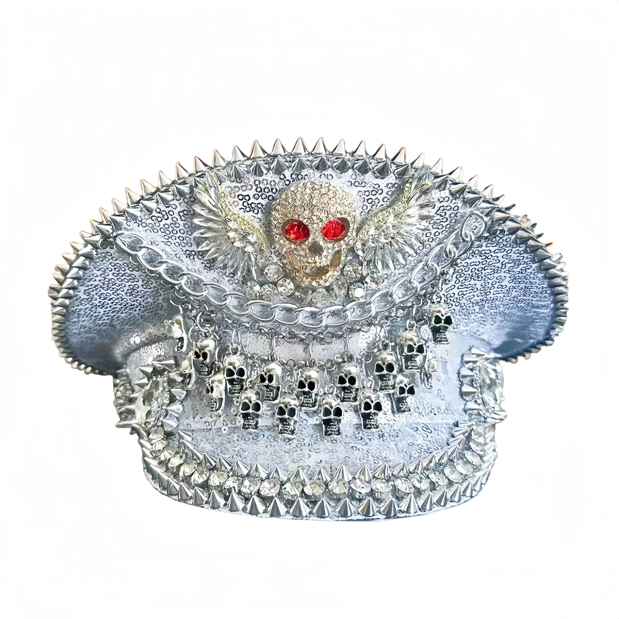 HongLuan Gelber Laser-Leder-Loop-Kapitänshut mit Strasssteinen und Militärkappen für Damen, Rave-Festivals-Accessoires und Partymütze für Herren