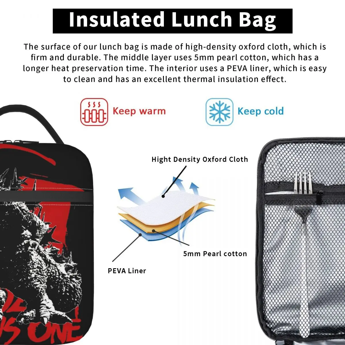 Godzillaed Minus One Film Lunch Bag Isolado Térmico para Trabalho, Bento Box Reutilizável, Lancheiras Refrigerantes para Homens e Mulheres