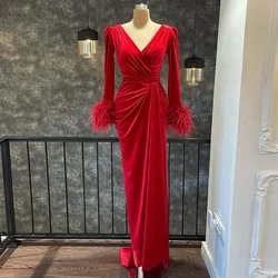 Evening Dress Long Sleeves Red Velvet Feather Mermaid Women's Prom Dresses  V Neck Pleat Side Slit Formal Party Gown Custom