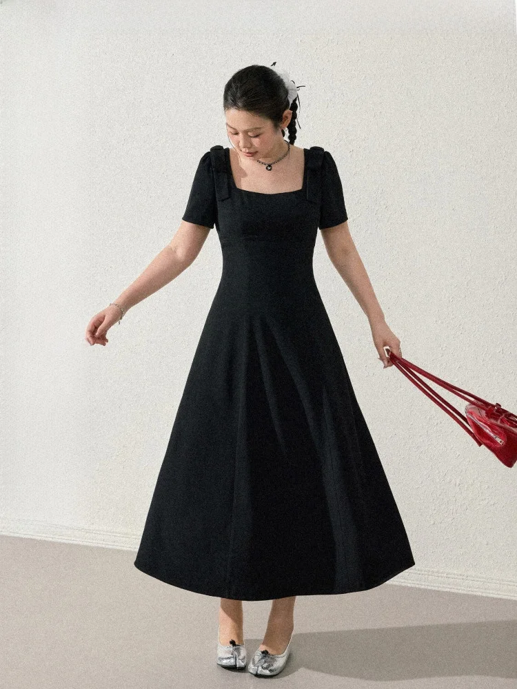 

Романтический плюс размер Bla Dr Hepburn Sle Commute Wind Long Sve ort Sve Квадратный воротник Полиэстер Спандекс Dr