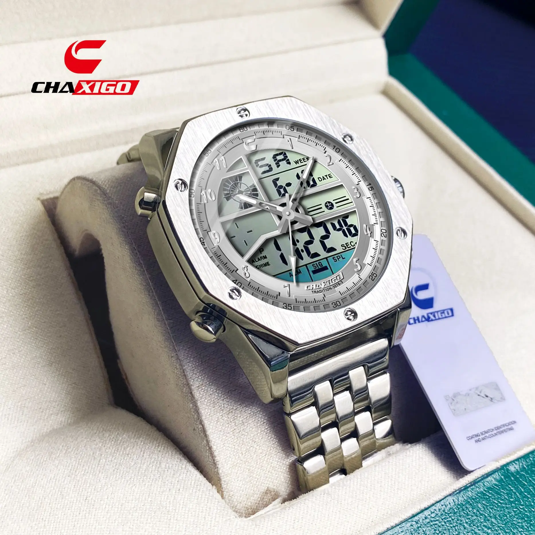 

CHAXIGO модные электронные часы водонепроницаемые светящиеся мужские часы из сплава кварцевые наручные часы