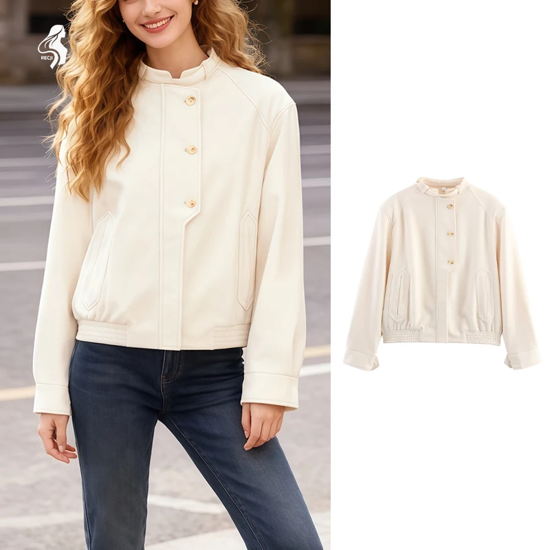 

Женская куртка с воротником-стойкой и пуговицами на молнии, короткая куртка, повседневная и универсальная, подходит для весенне-осенней и повседневной носки