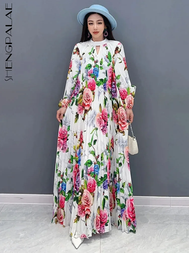 

SHENGPALAE Elegance Printed Pleated Dress For Women Spring 2024 New O-neck Full Sleeve Lace Up Waist A-line Vestido Robe 5R9406