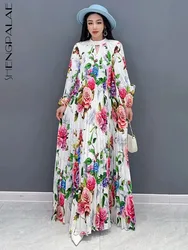 Sheng palae Eleganz bedrucktes Falten kleid für Frauen Frühling neue O-Ausschnitt voller Ärmel Schnürung Taille A-Linie Vestido Robe 5 r9406