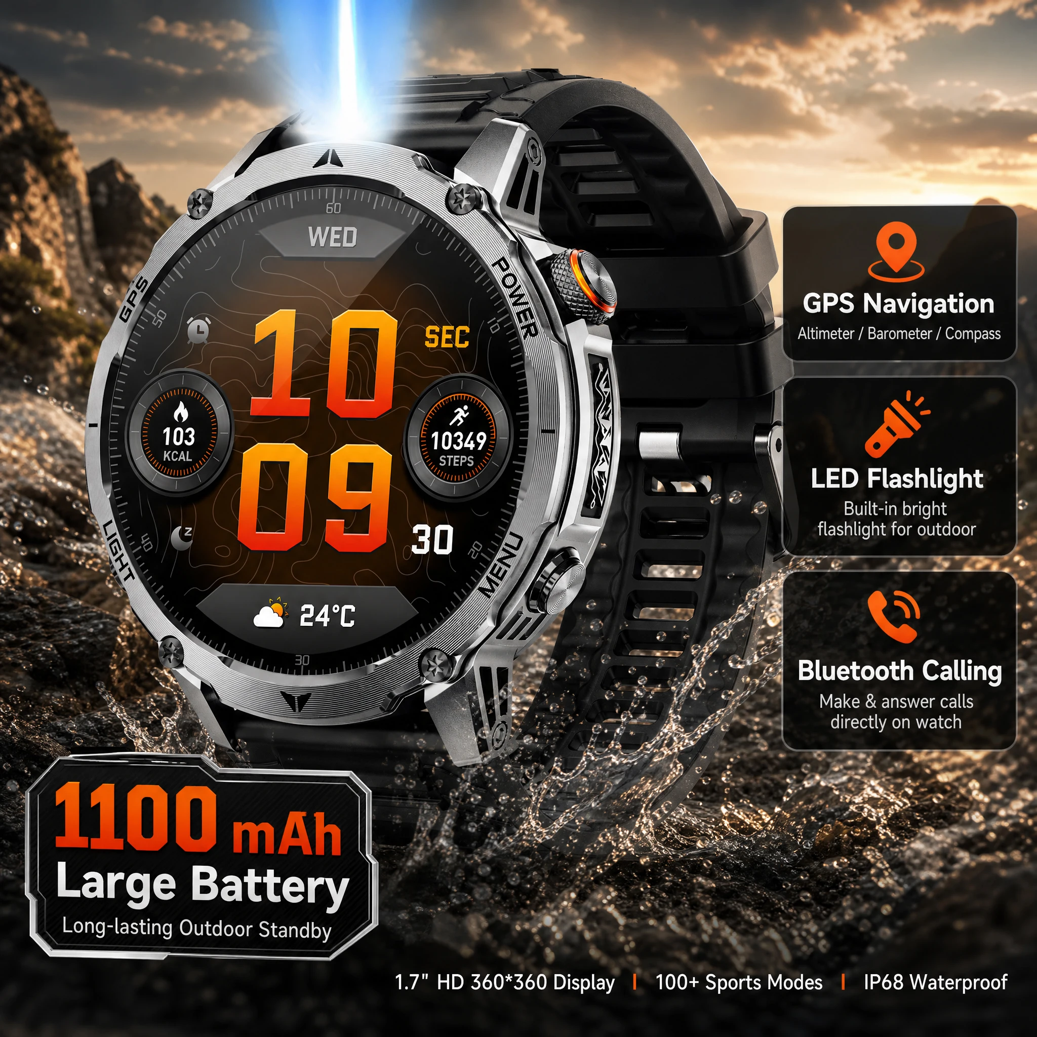 Montre connectée GPS robuste pour homme Batterie 1100mAh Écran HD 1,7" Appel Bluetooth Lampe LED Altimètre Baromètre Boussole Étanche IP68 Montre sport outdoor