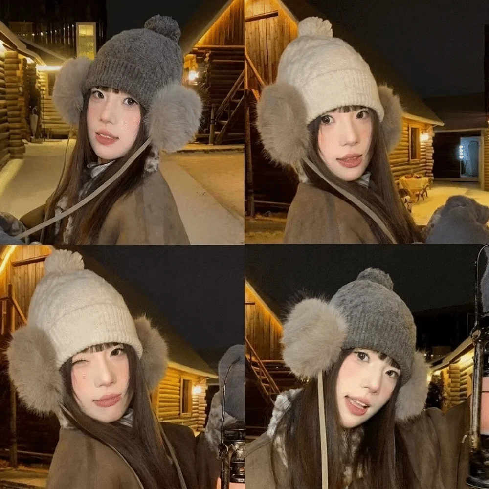All-match Knitted Trapper Hat Large Head Circumference Warm Pompom Beanie with Earflap Thick Ear Protection Wool Cap Boy