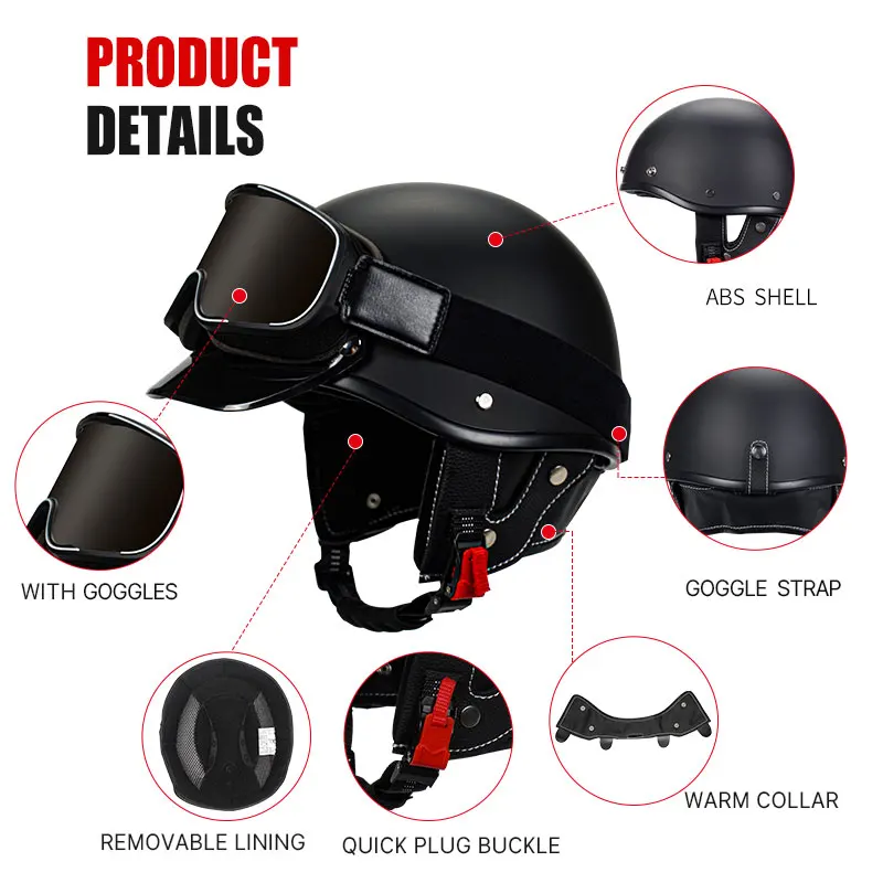 Low Profile Motorcycle Helmets for Men Moped Retro Half Face Helmet with Goggles DOT Approved ABS Shell Safety Cap