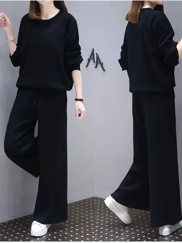 Fashionable plus Size Women's Outfit High Waist Wide Leg Pants Cover Belly Slimming Two Piece Set Korean Style Commute Wind