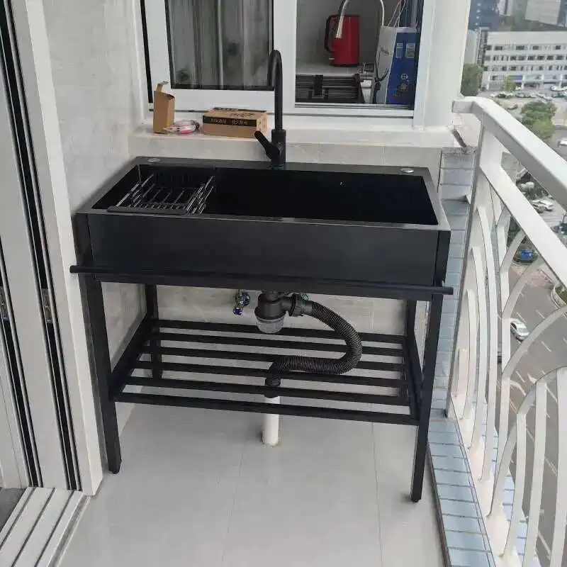 Bracket Integrated Vege Basin with Stainless Steel Kitchen Sinks Large Dishwashing Basin Floor-standing Balcony Double Sink
