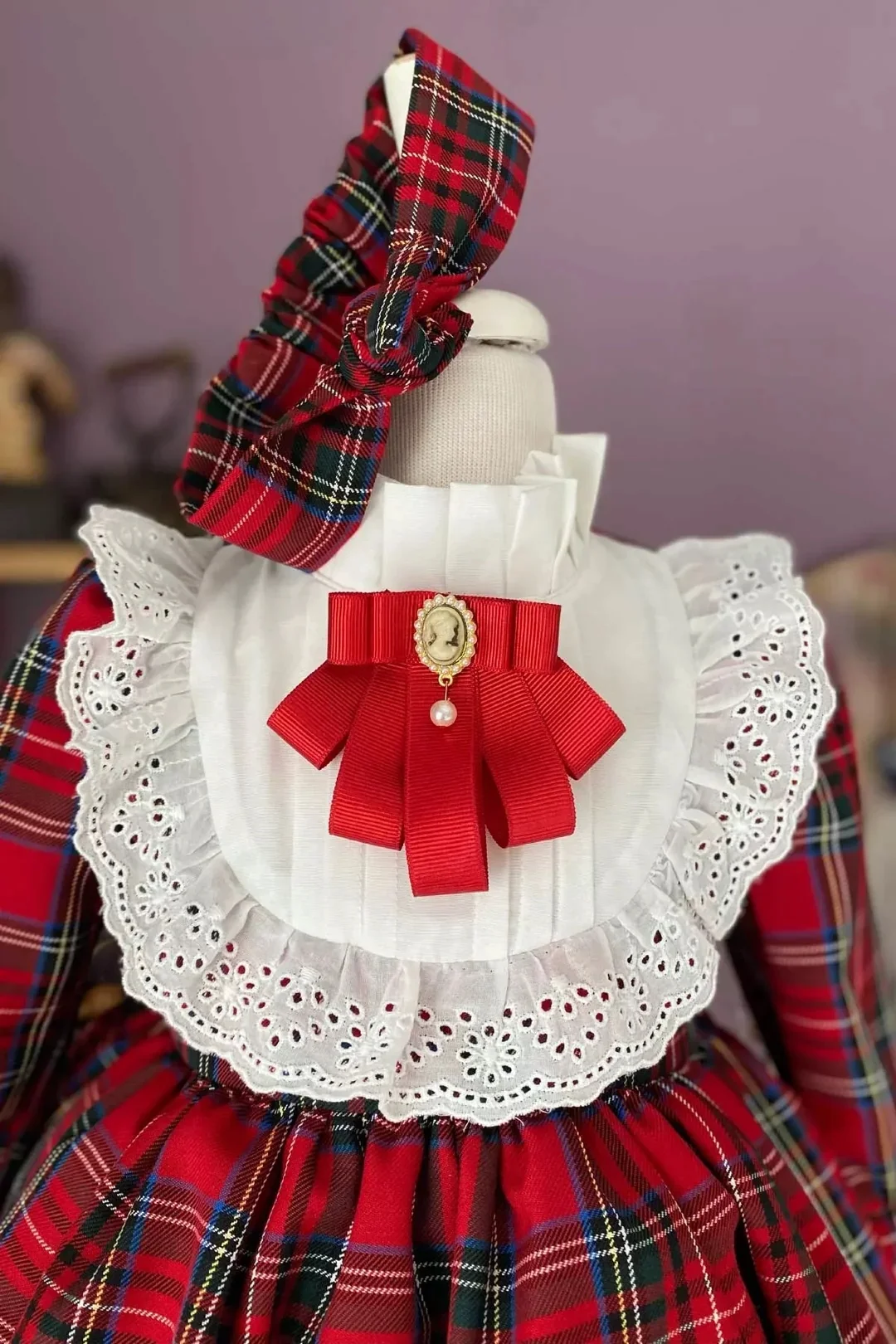 Autumn Baby Girl Red Plaid Vintage Lolita Princess Dress With Matching Headband for Birthday Party New Year Christmas C384